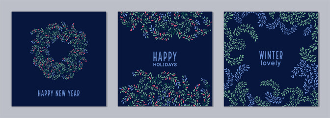 Fototapeta na wymiar New Year greeting cards with copy space. Winter minimalistic templates with a Christmas wreath and unique frame floral ornament. Vector illustrations of instagram poster, corporate invitation