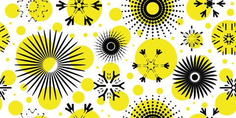 Circle geometric shapes and snowflakes, seamless pattern, winter vector background, yellow and black