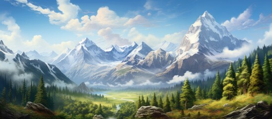 summer, against a backdrop of lush green forests, the majestic mountains stood tall, their peaks disappearing into the blue sky dotted with fluffy clouds, painting a breathtakingly beautiful landscape