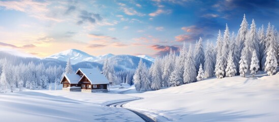 In the beautiful winter landscape of Bohemia, amidst the snow-covered mountains, a cozy wooden house with a spruce roof stood in a forest, surrounded by trees dressed in white. The park nearby offered - obrazy, fototapety, plakaty