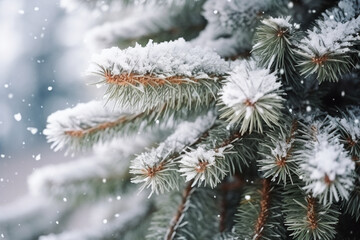 Naklejka na ściany i meble Snowflakes settling on pine branches under soft winter moonlight