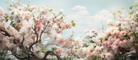 In the picturesque garden of Japan, a beautiful white floral design emerged, showcasing the vibrant colors of spring and summer. The tree's lush green leaves and pink apple blossoms added to the