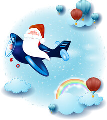 Sky landscape with clouds and Santa on the airplane, fantasy illustration. Vector eps10