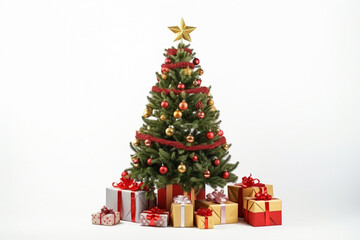 decorated Christmas tree with gift boxes on white background
