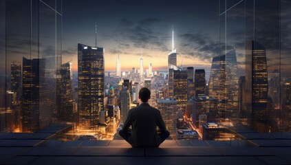 City Lights at Night: A Contemplative Man Overlooking the Urban Landscape - obrazy, fototapety, plakaty