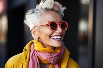 Portrait of a beautiful and gorgeous smiling, happy and pleasant woman with positive vibes. Human person dressed in fashionable, colorful and fun clothes. Generative AI, AI - obrazy, fototapety, plakaty