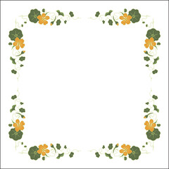 Colorful vegetal ornamental frame with nasturtium flowers, decorative border, corners for greeting cards, banners, business cards, invitations, menus. Isolated vector illustration.	