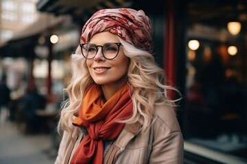 Portrait of a beautiful and gorgeous smiling, happy and pleasant woman with positive vibes. Human person dressed in fashionable, colorful and fun clothes. Generative AI, AI
