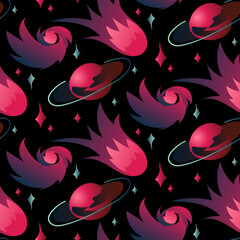 Vector space seamless pattern. Cartoon space texture with a planet, a flying fiery asteroid and a space funnel and stars in pink colors on a black background. Space Adventure