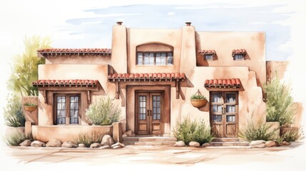 Fototapeta na wymiar Charming Adobe Pueblo Home Watercolor Scene