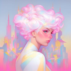 AI generated illustration of a female with an eccentric hairstyle against a colorful abstract backrg