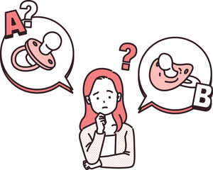 illustration of a woman struggling between two things - pacifier
