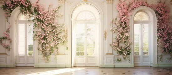 Fototapeta na wymiar In the summer, as one strolls through the elegant white house, the eye is captivated by the abstract floral design on the walls, showcasing the delicate beauty of flower textures, bringing the essence