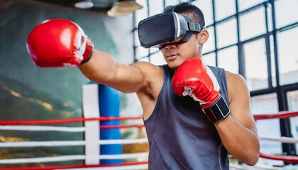 A boxer in 3D virtual reality glasses is engaged in boxing. Digital technology in sport