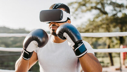 A boxer in 3D virtual reality glasses is engaged in boxing. Digital technology in sport