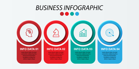 Simple infographic 4 parts or options, simple design with circles and square solid lines with colorful colors, icons, text and numbers, for presentations, flow diagrams and your business