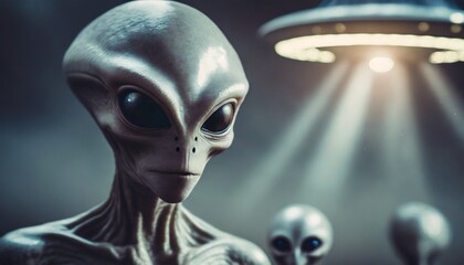 Extraterrestrial invasion alien close up with UFO