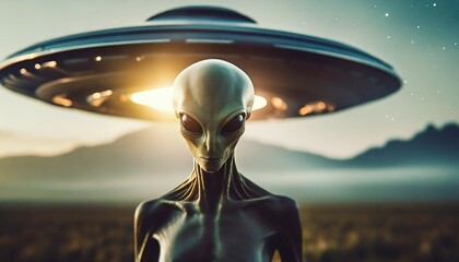 Extraterrestrial invasion alien close up with UFO - obrazy, fototapety, plakaty