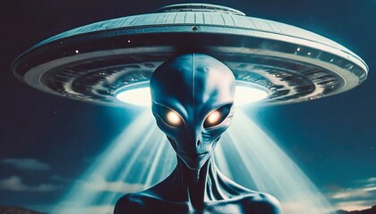 Extraterrestrial invasion alien close up with UFO