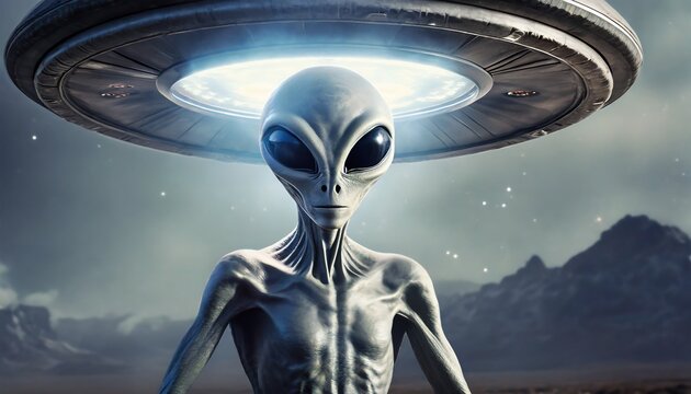Extraterrestrial invasion alien close up with UFO