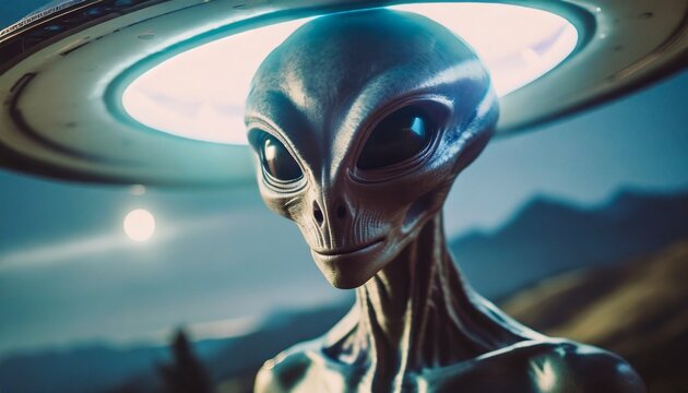 Extraterrestrial invasion alien close up with UFO