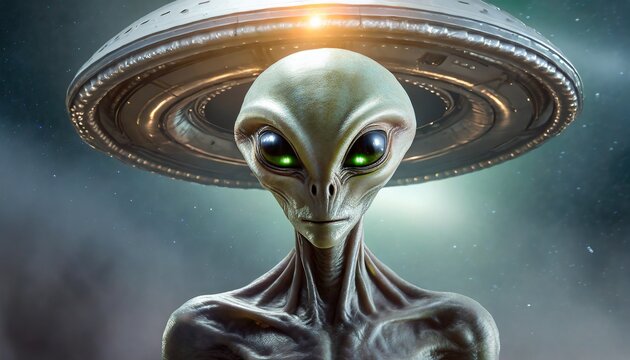 Extraterrestrial invasion alien close up with UFO