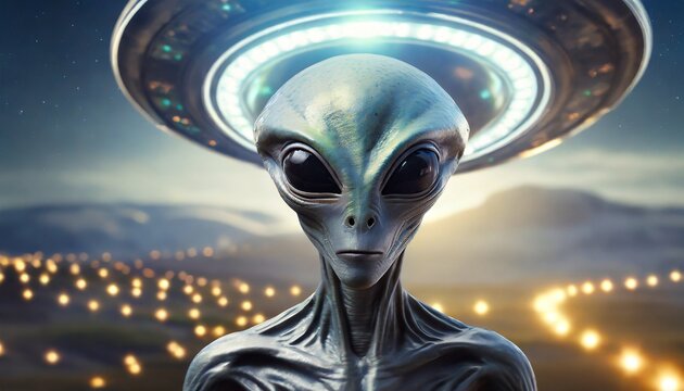 Extraterrestrial invasion alien close up with UFO