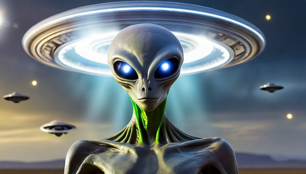 Extraterrestrial invasion alien close up with UFO