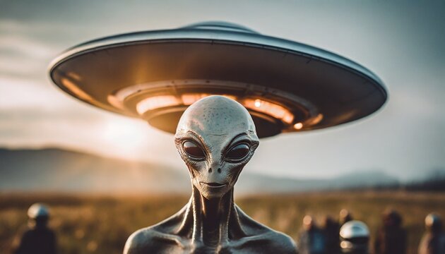 Extraterrestrial invasion alien close up with UFO