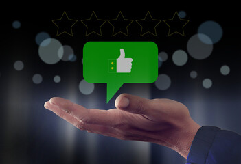 Concept of customer service and satisfaction business people expressing opinions About service Satisfaction with service The rating is very impressive and gives five stars. Give a thumbs up.