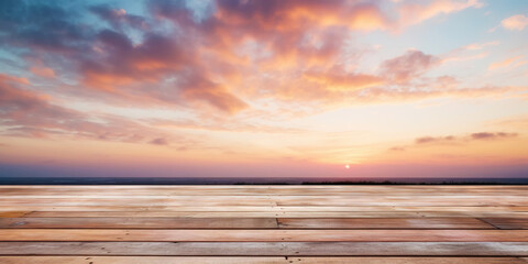 Fototapeta na wymiar Wood table mockup with sunrise majestic sky background. Empty copy space for product presentation. Generative AI