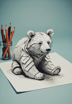 illustrazione con disegno di orsacchiotto che prende vita dal fogli da disegno