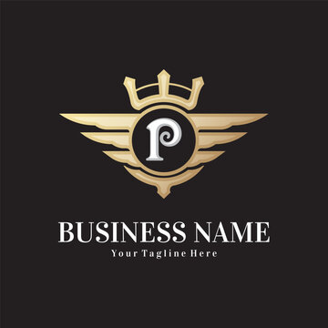 Classic letter P and golden wing royal crown logo vector design template