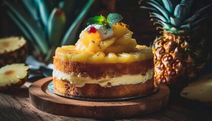 Fresh pineapple dessert with cream topping - obrazy, fototapety, plakaty