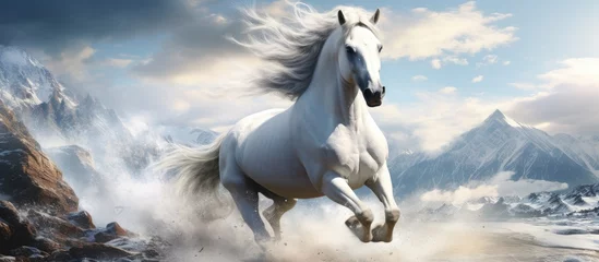Fotobehang In the vast plains of the wild, a majestic horse with a flowing mane stood tall, embodying the essence of a proud mammal and captivating the equestrian enthusiast's heart, who yearned to ride the © 2rogan