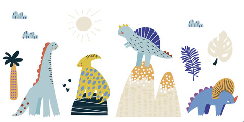 Childish graphic set with cartoon dino characters. Funny Dinosaurs with jungle elements isolated. Vector dino clipart © solodkayamari
