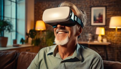 Joyful elderly in VR redefining leisure and learning at home - obrazy, fototapety, plakaty
