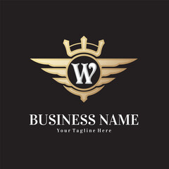 Classic letter W and golden wing royal crown logo vector design template