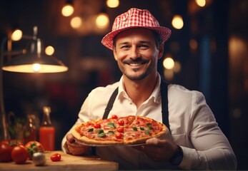 Handsome chef men making pizza, Blurred restaurant on the background