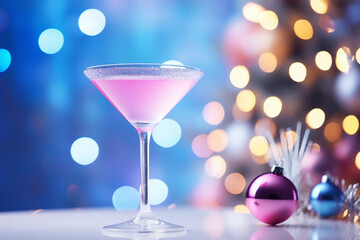 cocktail on white table, christmas tree and lights on background blue and pink, pastel created with Generative Ai