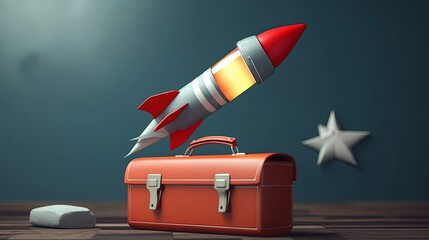 Business idea and start up concept. Briefcase on a flying rocket - obrazy, fototapety, plakaty