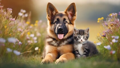 Puppy love German shepherd and kitten in the meadow