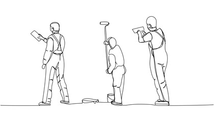 Set of puttying walls, leveling walls, worker in uniform, spatula, Steel Trowel, painter one line art. Continuous line drawing of repair, professional, hand, people, support, maintenance.