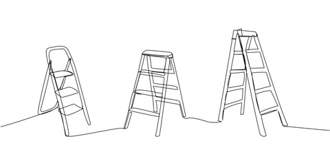 Set of stepladder, steps, construction ladder one line art. Continuous line drawing of repair, professional, hand, people, concept, support, maintenance. © sahs94