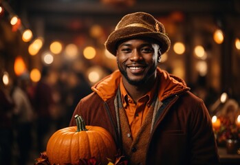 Smilling handsome men wearing thanksgiving costume and hat, pumpkin and decoration on the background