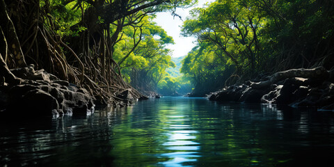 Obraz premium Mangrove forest and calm river in the morning. Minimalist landscape. Generative AI