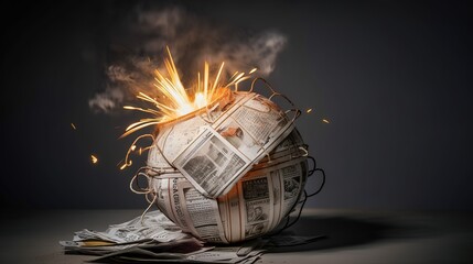 Breaking hot news concept. Bomb from newspapers with wick and sp