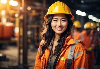 Smilling asian women wearing safety contsruction worker, Blurred crowd of worker on the background