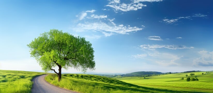 background of a clear summer sky, the travel enthusiast found solace breathtaking nature, as a vibrant tree adorned the picturesque landscape along the winding green road, creating a truly beautiful