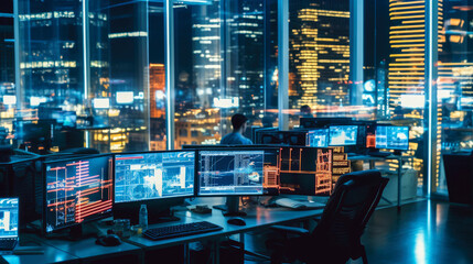 BIG DATA. Modern open space office interior blurred with information technology overlay. Finances.